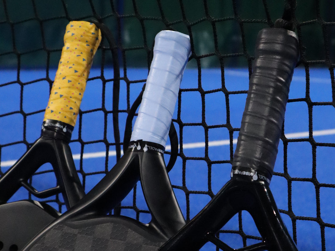 Padel player with VIBEPADEL racket and Grip 'n' Rip overgrip