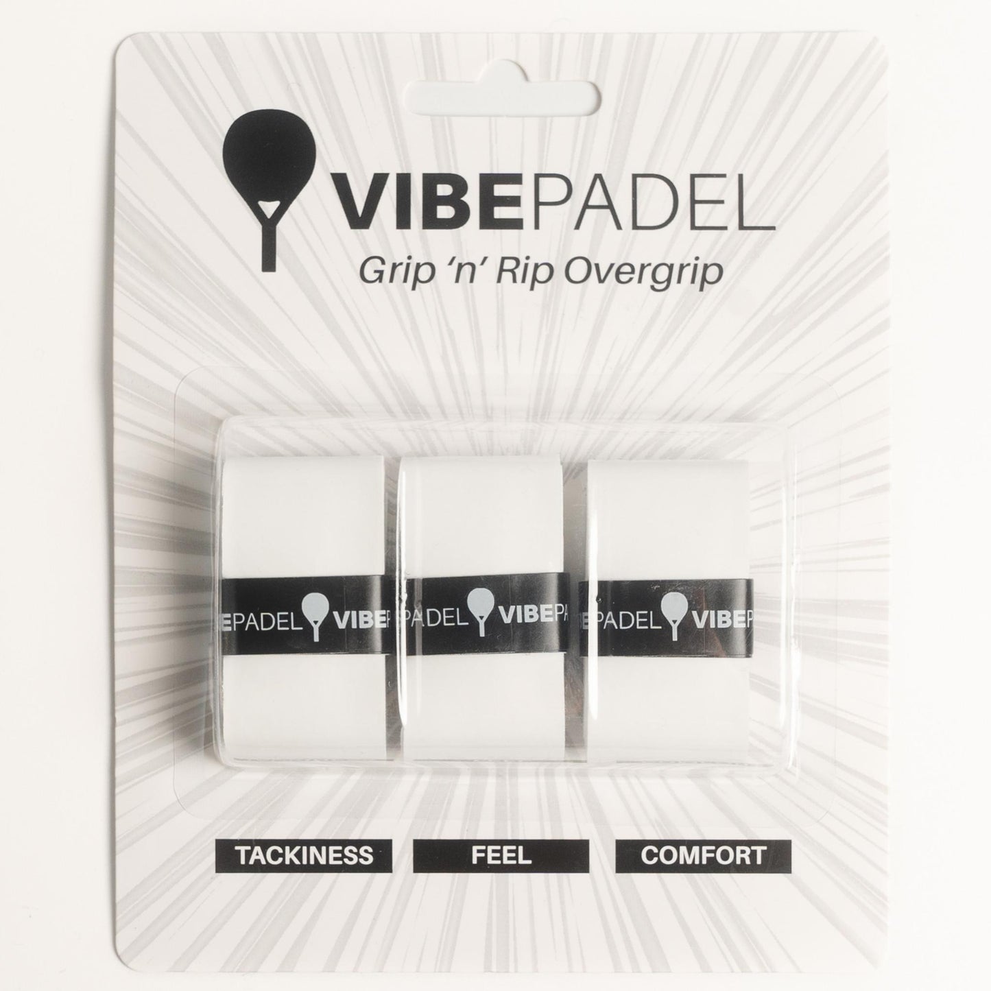VIBEPADEL Grip 'n' Rip Padel Overgrip All White Pack showcasing triple-layer design for enhanced  racket handling and performance. 