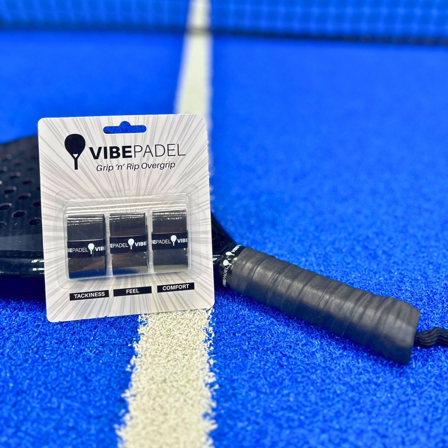 All Black VIBEPADEL Grip n Rip Padel Racket Overgrip on Padel Court