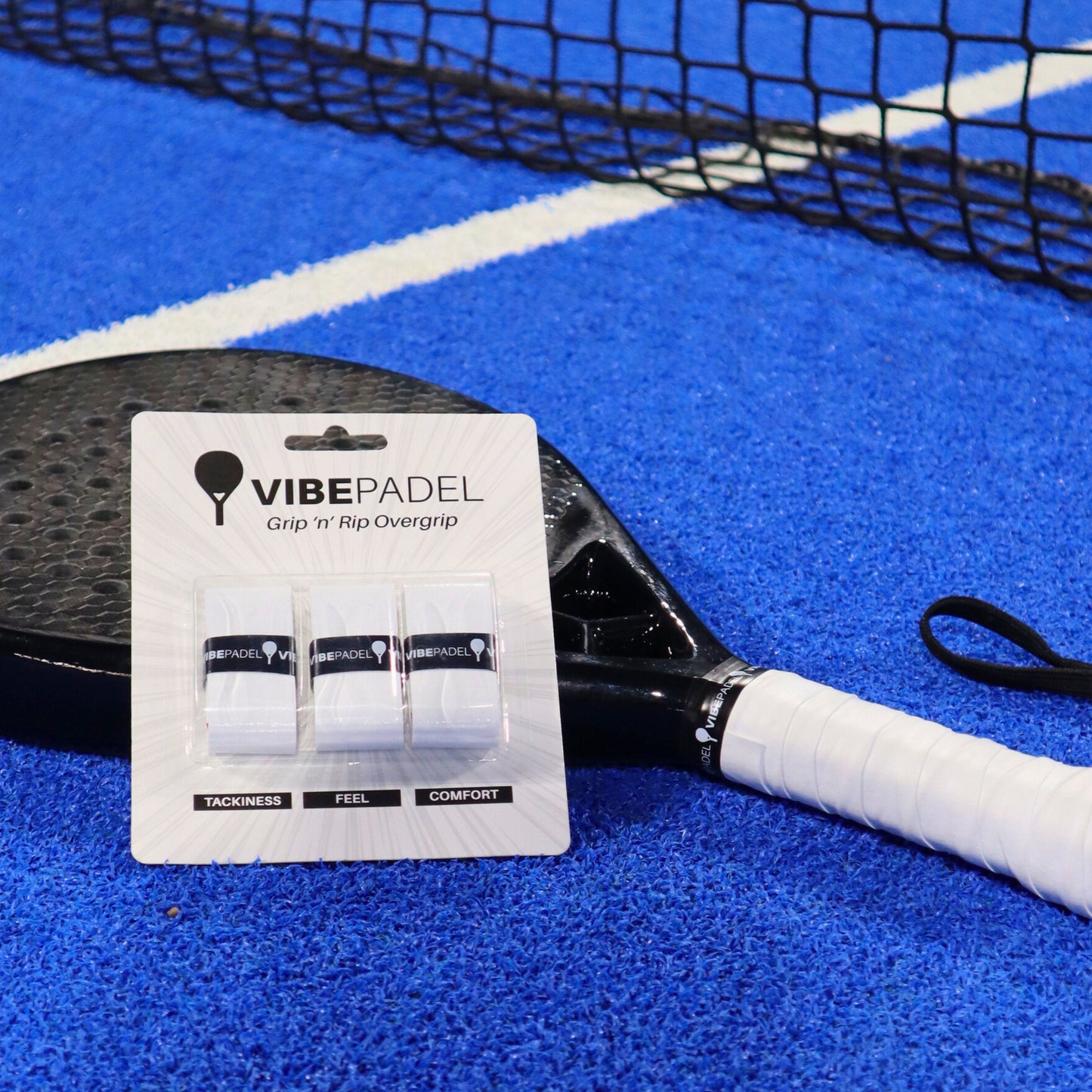 All White VIBEPADEL Grip n Rip Padel Racket Overgrip on Padel Court